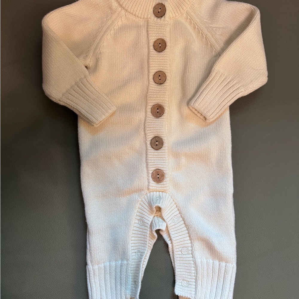 Caden Lane Knit Sweater Button Romper- Ivory 0-3 Months